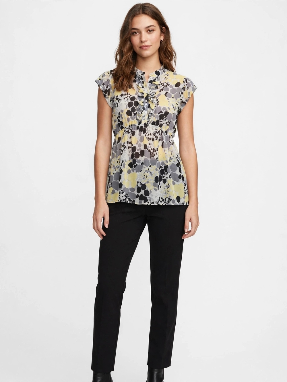 Sepia Yellow Grey Black Abstract Dot Blouse